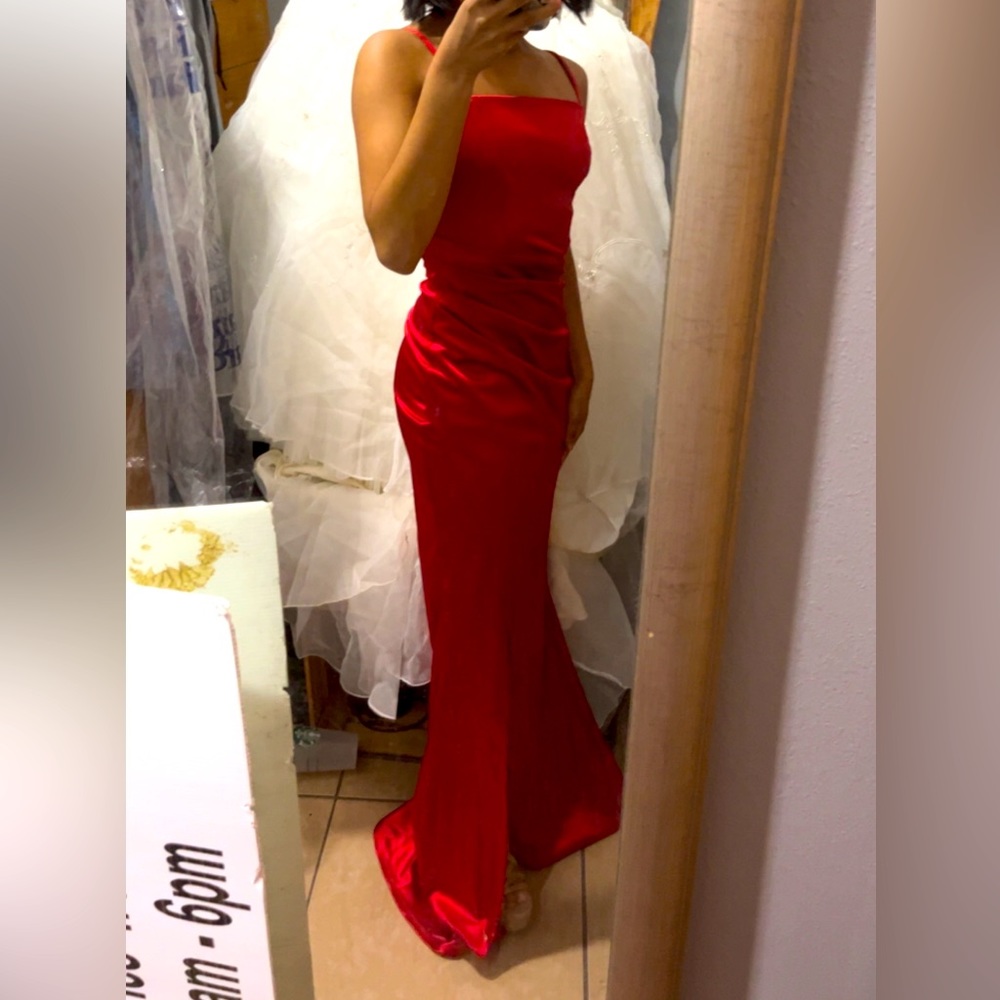 Red Dillard’s satin evening gown worn once